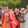 Girls in Tatar national clothes are dancing under the button accordion