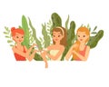 Girls test cosmetics from plants, organic herbs, natural creams flat vector illustration isolated on white background.