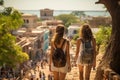 Girls tourists walk through the old South American city