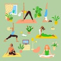 Girls in tracksuits. Home yoga online. Young women doing asanas. Interiors with furniture and home plants. Sports and Royalty Free Stock Photo