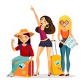 Girls traveling together vector flat illustration. Young people travelers with suitcases having fun isolated on white