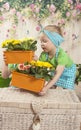 Girls twins of three years care for flowers, Royalty Free Stock Photo