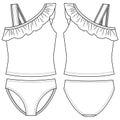 Girls 2 pieces Tankini fashion flat sketch template. Frill Detail. Swimwear Technical Fashion Illustration Royalty Free Stock Photo