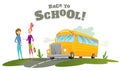 Girls waiting for transport. Classic american old school bus. Back to school. Ride on road. Free travel. Color vector Royalty Free Stock Photo