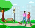 Girls walk in the city park with a dog. Meeting of friends. Vector illustration. Royalty Free Stock Photo