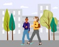 Girls walk in the city on the road. Vector illustration.