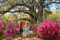 Girls walking in the garden on weekend trip. Royalty Free Stock Photo