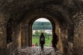 Girls are walking out at a old gate of kalemegdan fortress in Belgrade Serbia