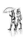 Girls walking with umbrella rainy day