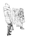 Girls in warm winter clothes, coats and hats standing and waiting, Woman on high heel boots in front, face not visible. City sketc