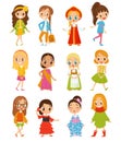 Girls Wearing National Costumes Of Different Countries and Casual Modern Attire Big Vector Set Royalty Free Stock Photo