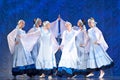 Girls in white dresses dancing on stage, Russian National Dance