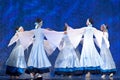 Girls in white dresses dancing on stage, Russian National Dance