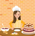 Girls woman chef cooking baking cake in kitchen wearing hat and apron