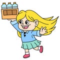 girls and women are bringing bottled drinks to be served doodle icon image kawaii