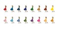 Girls or women in colorful dresses, a hat and platform sandals. Red, orange, yellow, green, blue, blue, purple, purple, brown,