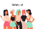 Girlshood, girlfriends, women team flat color vector illustration concept