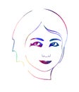 Drawn linear portrait of a smiling teenage girl on a white background. Multicolored simple vector sketch.