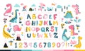 Girly Dino collection with alphabet and numbers. Funny comic font in simple hand drawn cartoon style. A variety of childish girls