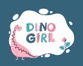 Girly Dino photo frame, templates for text or invitations. Vector illustration of funny cartoon character in pink palette. Doodle Royalty Free Stock Photo