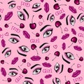 Girly eyes and lips makeup with cherry berry seamless pattern. Vector illustration isolated on pink background.