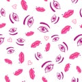 Girly eyes and lips seamless pattern. Vector illustration isolated on white background. Royalty Free Stock Photo