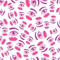 Girly eyes and lips seamless pattern. Vector illustration isolated on white background. Royalty Free Stock Photo