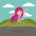 Girly fairy fantastic character flying with wings in mountain landscape background