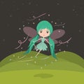 Girly fairy fantastic character flying with wings and pigtails in night mountain landscape background