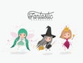 Girly fantastic character set of princess fairy and witch on white background