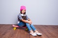 Girly fashion, modern pre teens lifestyle concept. Charming attractive school girl in fashionable trendy outfit, with toothy