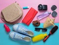 Girly fashionable spring and summer accessories: sneakers, cosmetics, beauty and hygiene products