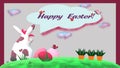 Girly `Happy Easter!` card with whitespotted rabbit, easter eggs and carrots