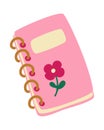 Girly notepad for writing. Cute notebook on a spring with a flower. For studying and keeping a diary. Vector illustration in flat