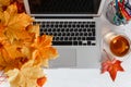 Girly office desktop with blank white laptop screen, flowers, coffee, smartphone and various office tools. Mock up Royalty Free Stock Photo