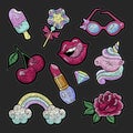 Girly patches. Fashion 80s patch, pretty unicorn, sexy lips and rose. Teens stylish stickers, cute summer embroidery