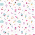Girly pattern background with sweets and cute elements. Pastel pink and blue. Raster