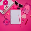 Girly pink desktop and stationery Royalty Free Stock Photo