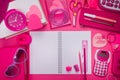 Girly pink desktop and stationery Royalty Free Stock Photo