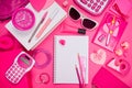 Girly pink desktop and stationery Royalty Free Stock Photo