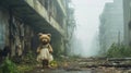 Girly stuffed brown bear wearing a dress and standing alone on abandoned street - generative AI