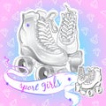 Girly style beautiful gray colored rollers. Vector illustration in pink pastel colors. Sport girls. Black and white illustration.