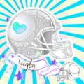 Girly style beautiful gray colored rugby helmet. Vector illustration in pink pastel colors. Sport girls. Black and white artwork.