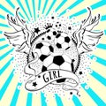 Girly style beautiful high-detailed football logo. Vector illustration in black and white colors on sun ray background.