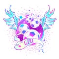 Girly style beautiful high-detailed football logo. Vector illustration in pink neon colors. Feminisn concept. Print, poster.