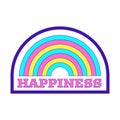 Girly Y2K patch. A sticker with a rainbow and the word Happiness. Text graphic element in bright acid colors. Nostalgia for the