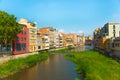 Colorful Houses Along Onyar River Near Bridge in Girona, Spain Royalty Free Stock Photo