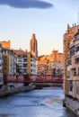 Girona Cathedral with Eiffel bridge over Onyar River Royalty Free Stock Photo