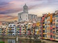 Girona cathedral and houses along Onyar river at sunset, Spain Royalty Free Stock Photo