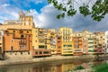 Girona colorful houses district, buildings reflected in water in river Onyar. Catalonia Spain Royalty Free Stock Photo